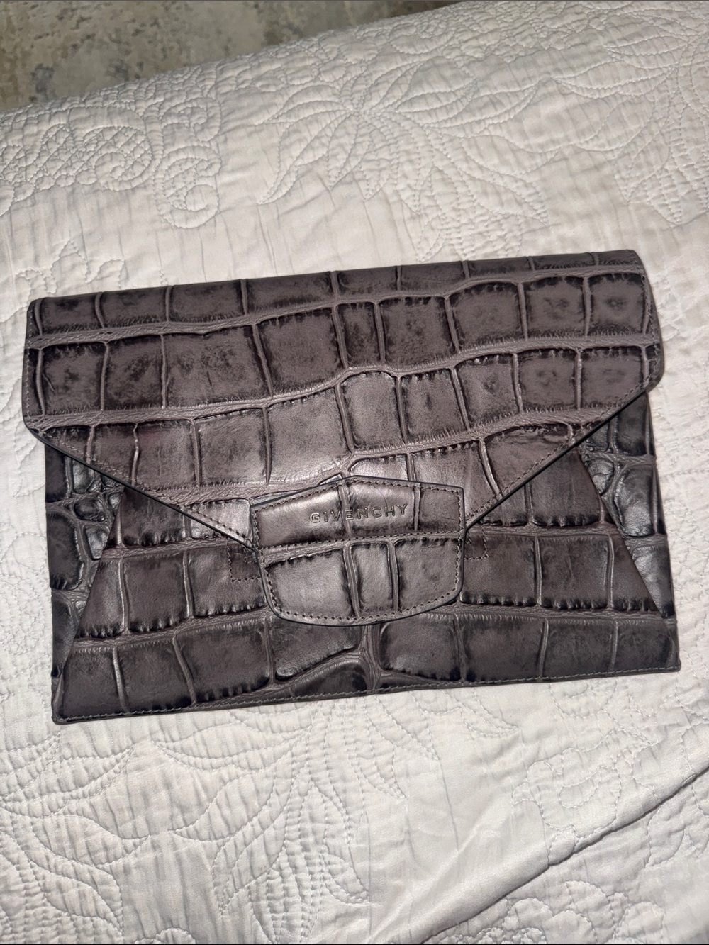 Givenchy Croc-Embossed Leather Envelope Clutch in Charcoal